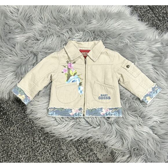 Guess Baby Embroidered Khaki Denim Zip Up Floral Jacket 12 Month‎ - Picture 5 of 6